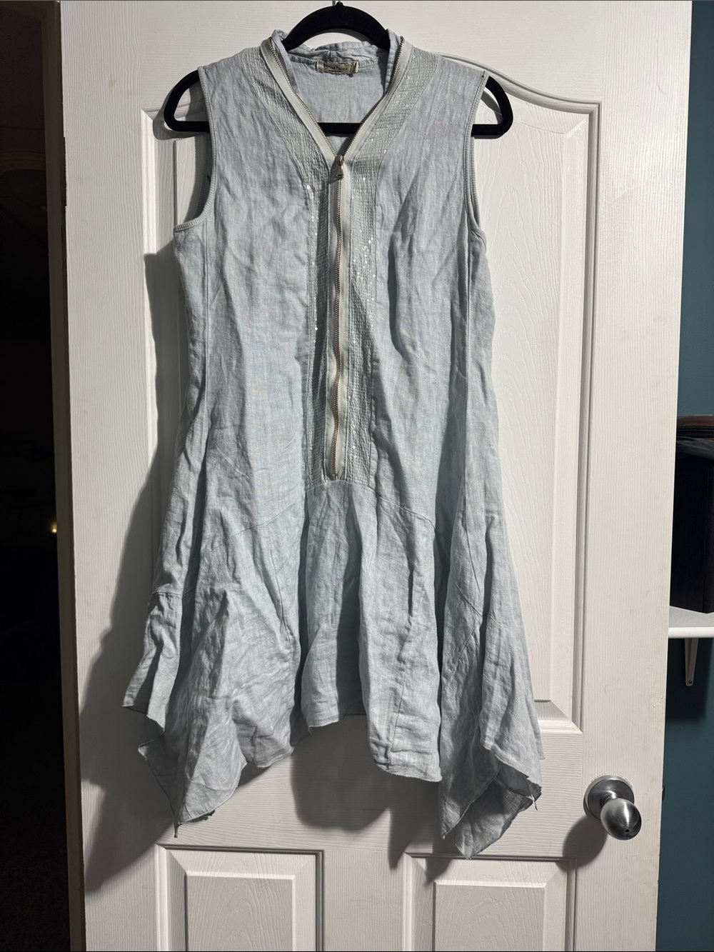 Alessia Pacini Italian Linen Dress Blue Handkerchief Hem Zip Front Sm Coastal - Picture 2 of 10